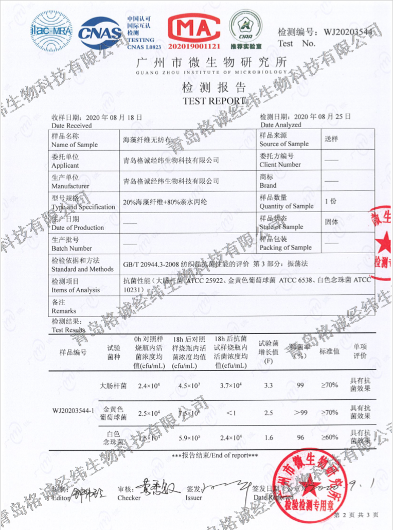 20無紡布抑菌檢測